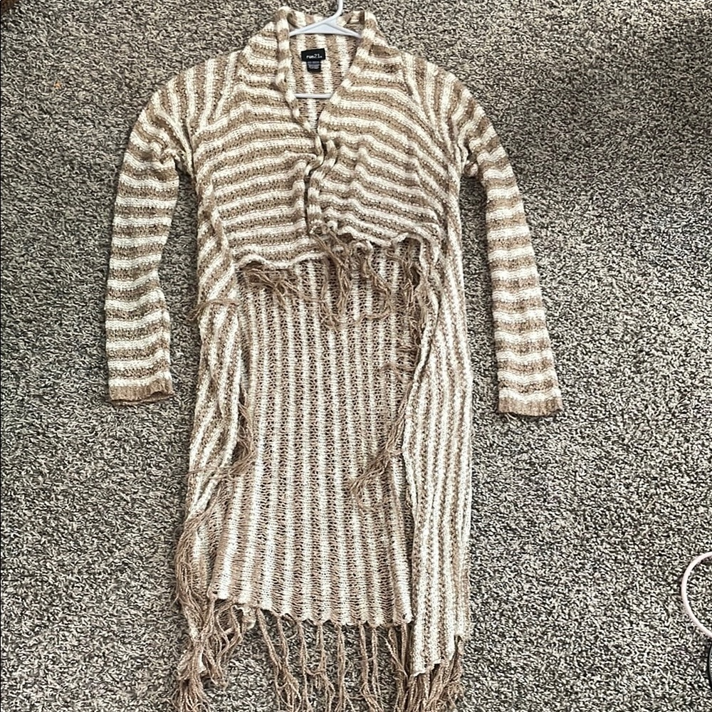 Rue21 Cream and Brown Women's Long Sleeve Fringed Knitted Cardigan
